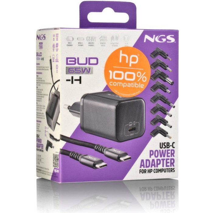 CARGADOR PARED GaN + CABLE 1.5 M USB-C + 8 CLAVIJAS HP 65W NEGRO NGS